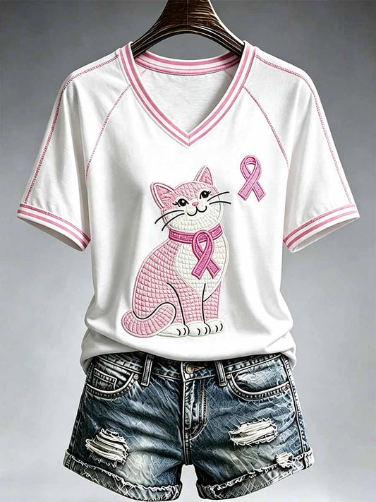 Frauen Katzen muster Brustkrebs Bewusstsein gedruckt T-Shirt