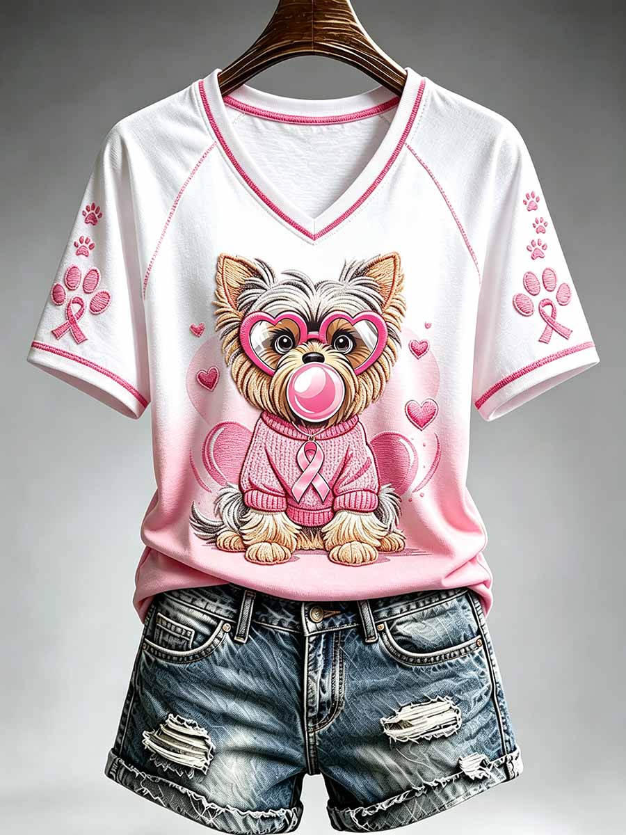 Damen-T-Shirt mit Katzenmuster zum Brustkrebsbewusstsein bedruckt