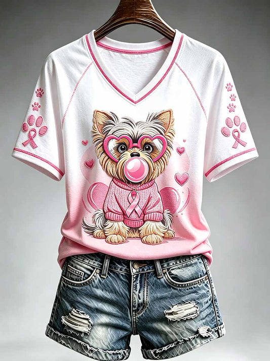 Damen-T-Shirt mit Katzenmuster zum Brustkrebsbewusstsein bedruckt