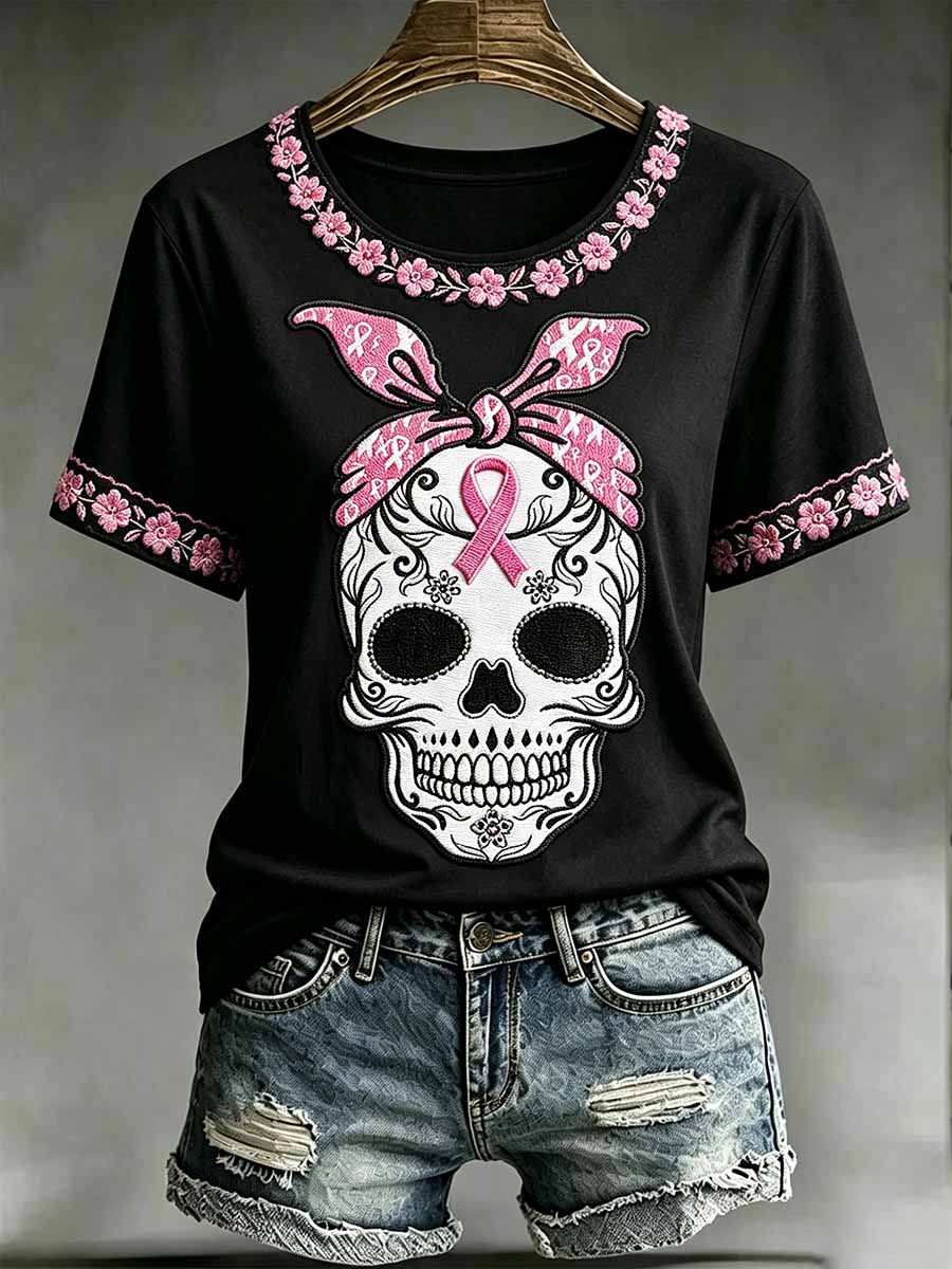 Frauen Schädel Muster Brustkrebs Bewusstsein gedruckt T-Shirt