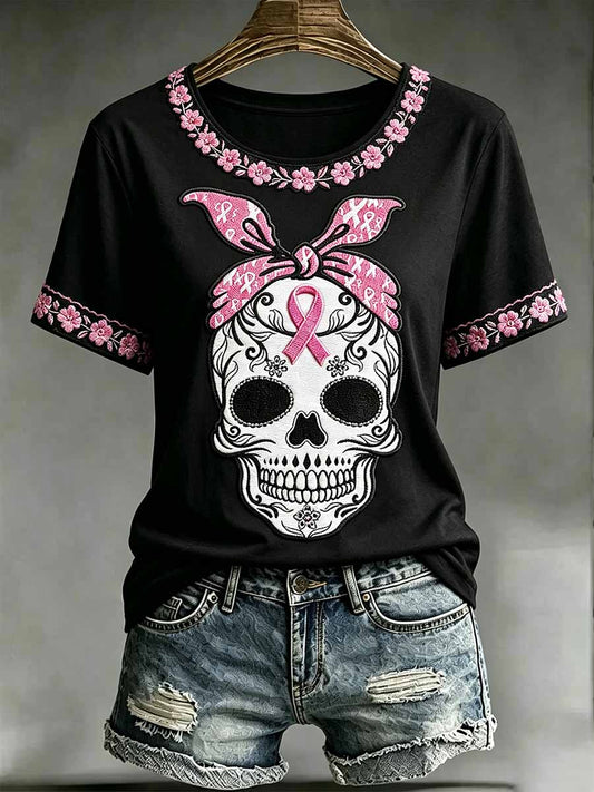 Frauen Schädel Muster Brustkrebs Bewusstsein gedruckt T-Shirt