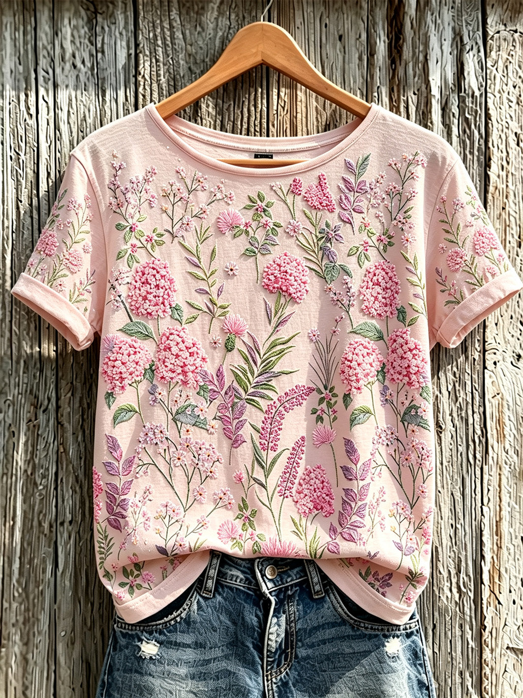 Damen-T-Shirt mit pinkem Blumenmuster, lässig geschnitten
