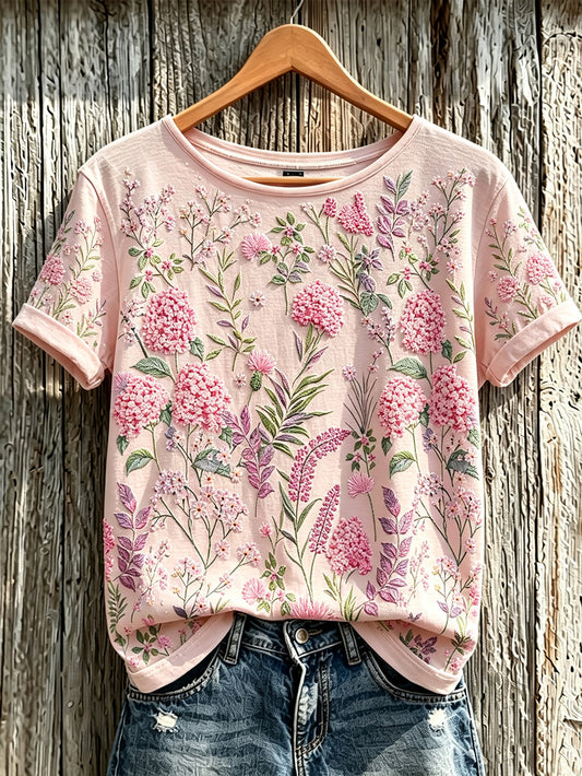 Damen-T-Shirt mit pinkem Blumenmuster, lässig geschnitten