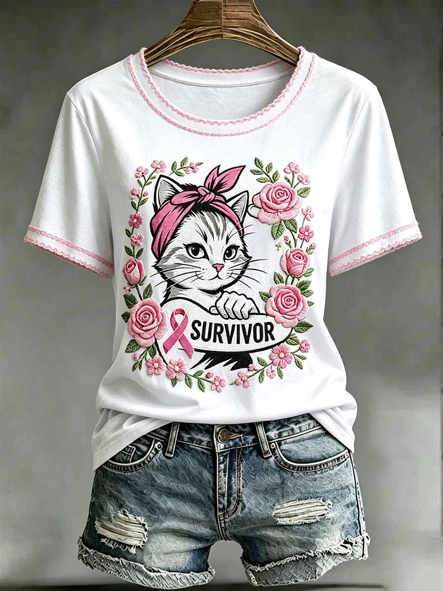 Damen-T-Shirt mit Katzenmuster zum Brustkrebsbewusstsein bedruckt