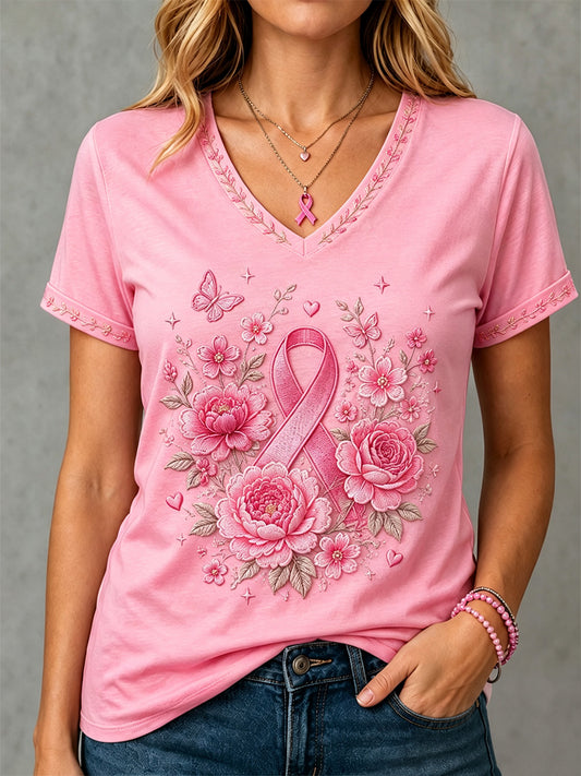 Damen-T-Shirt in Pink mit Blumenmuster zur Unterstützung der Brustkrebsaufklärung und V-Ausschnitt