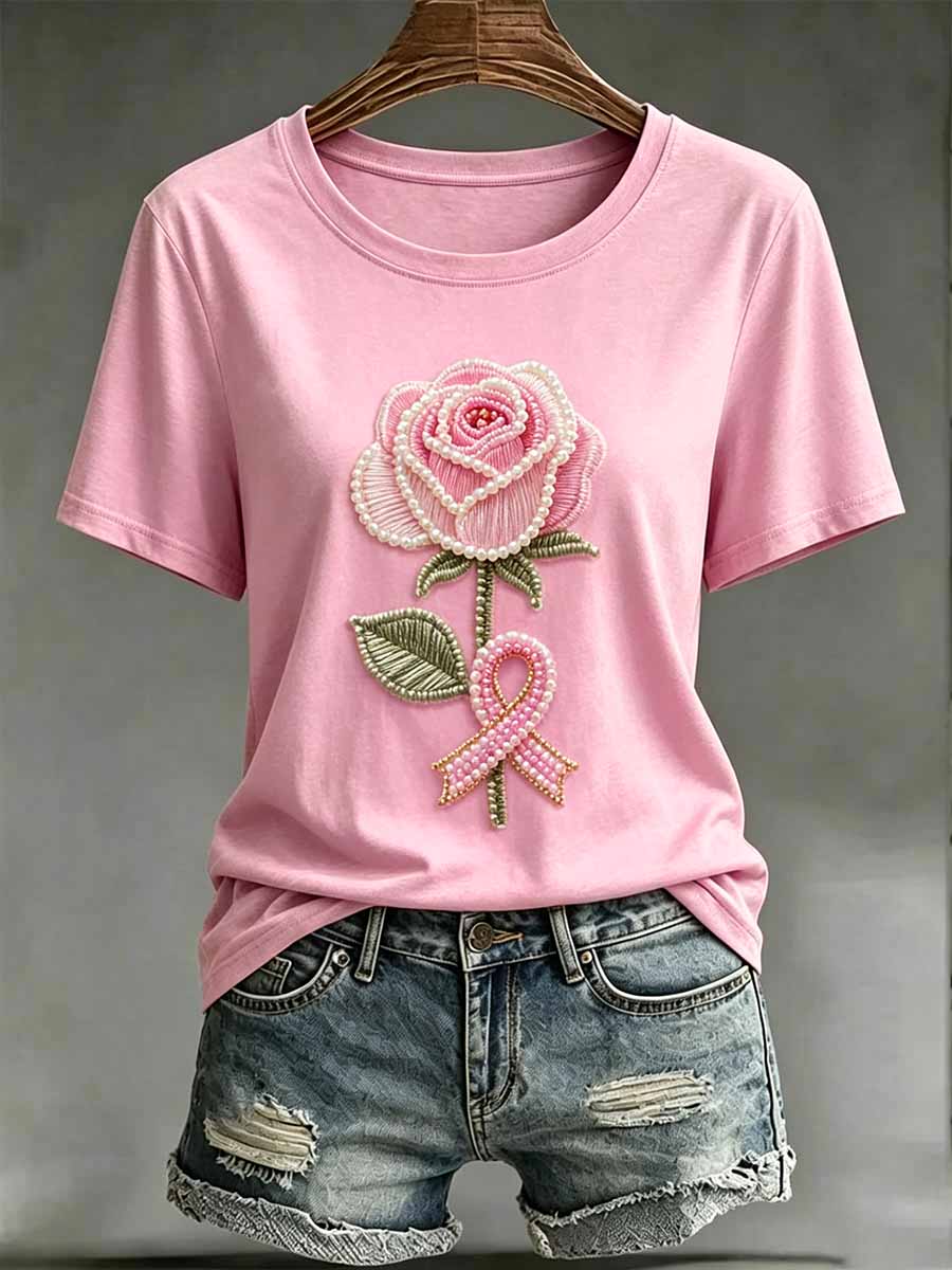 Frauen Mode Blumen Brustkrebs Unterstützung Bedrucktes T-Shirt