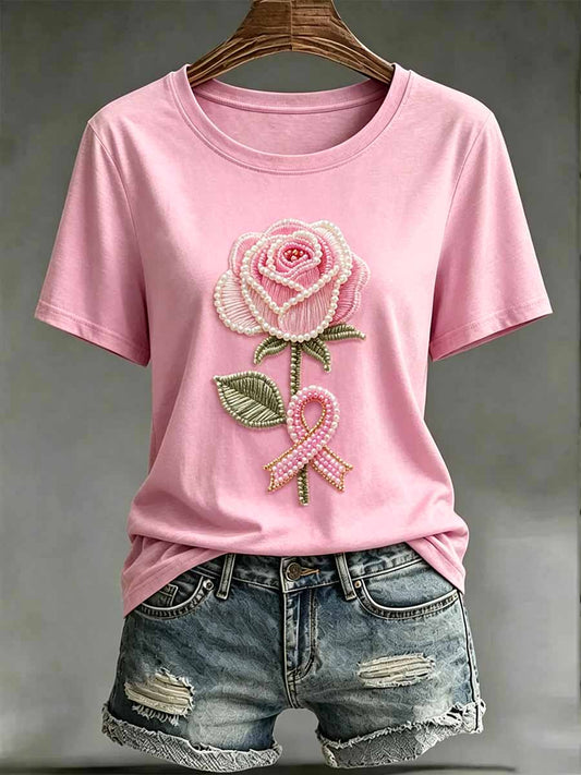 Frauen Mode Blumen Brustkrebs Unterstützung Bedrucktes T-Shirt