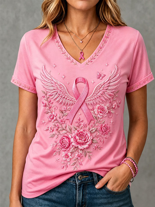 Damen-T-Shirt in Pink mit Blumenmuster zur Unterstützung der Brustkrebsaufklärung und V-Ausschnitt
