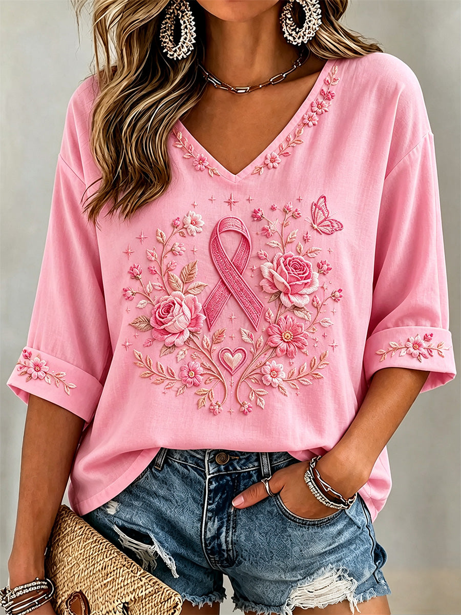 Damen-T-Shirt in Pink mit Blumenmuster, Unterstützung zur Brustkrebsaufklärung, halbe Ärmel und V-Ausschnitt