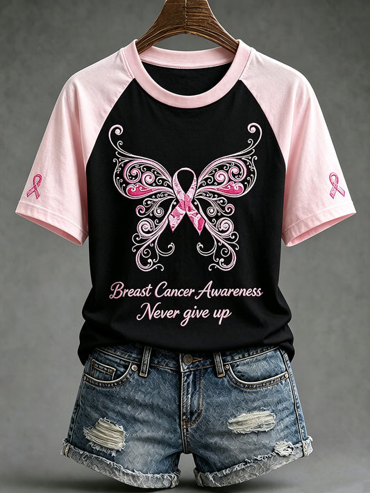 Frauen-T-Shirt mit Aufdruck zum Thema Brustkrebsbewusstsein, lässig, kurzärmelig