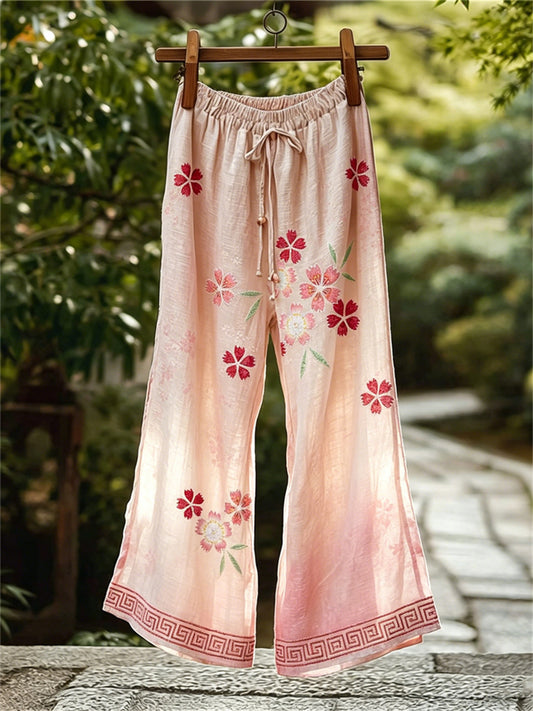 Damenhose aus Leinen mit traditionellem japanischem Kirschblüten‑Kunstdruck, fließend und mit weitem Bein