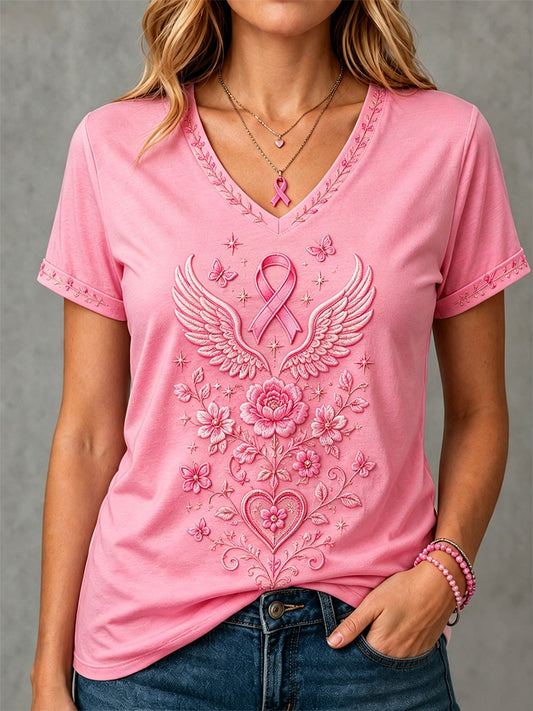 Damen-T-Shirt in Pink mit Blumenmuster zur Unterstützung der Brustkrebsaufklärung und V-Ausschnitt