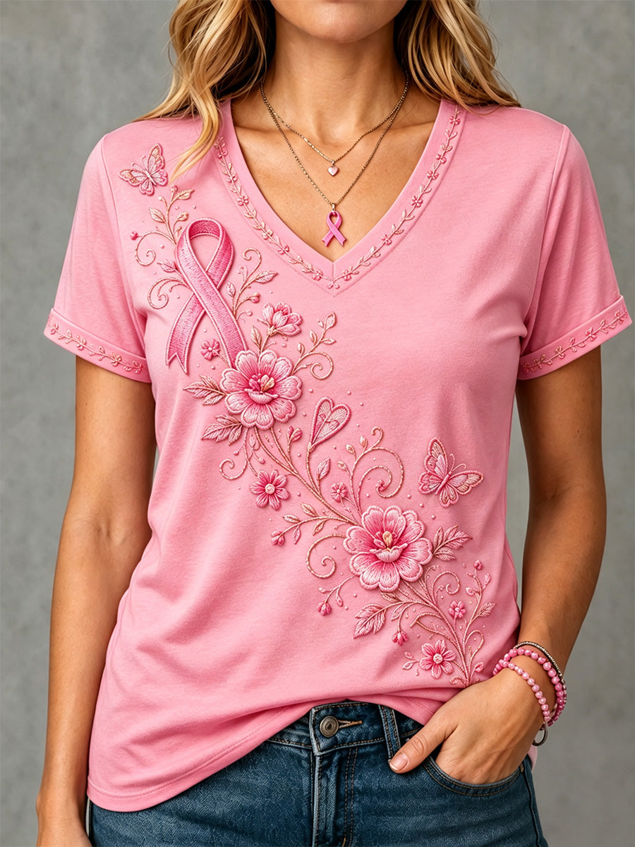 Damen-T-Shirt in Pink mit Blumenmuster zur Unterstützung der Brustkrebsaufklärung und V-Ausschnitt