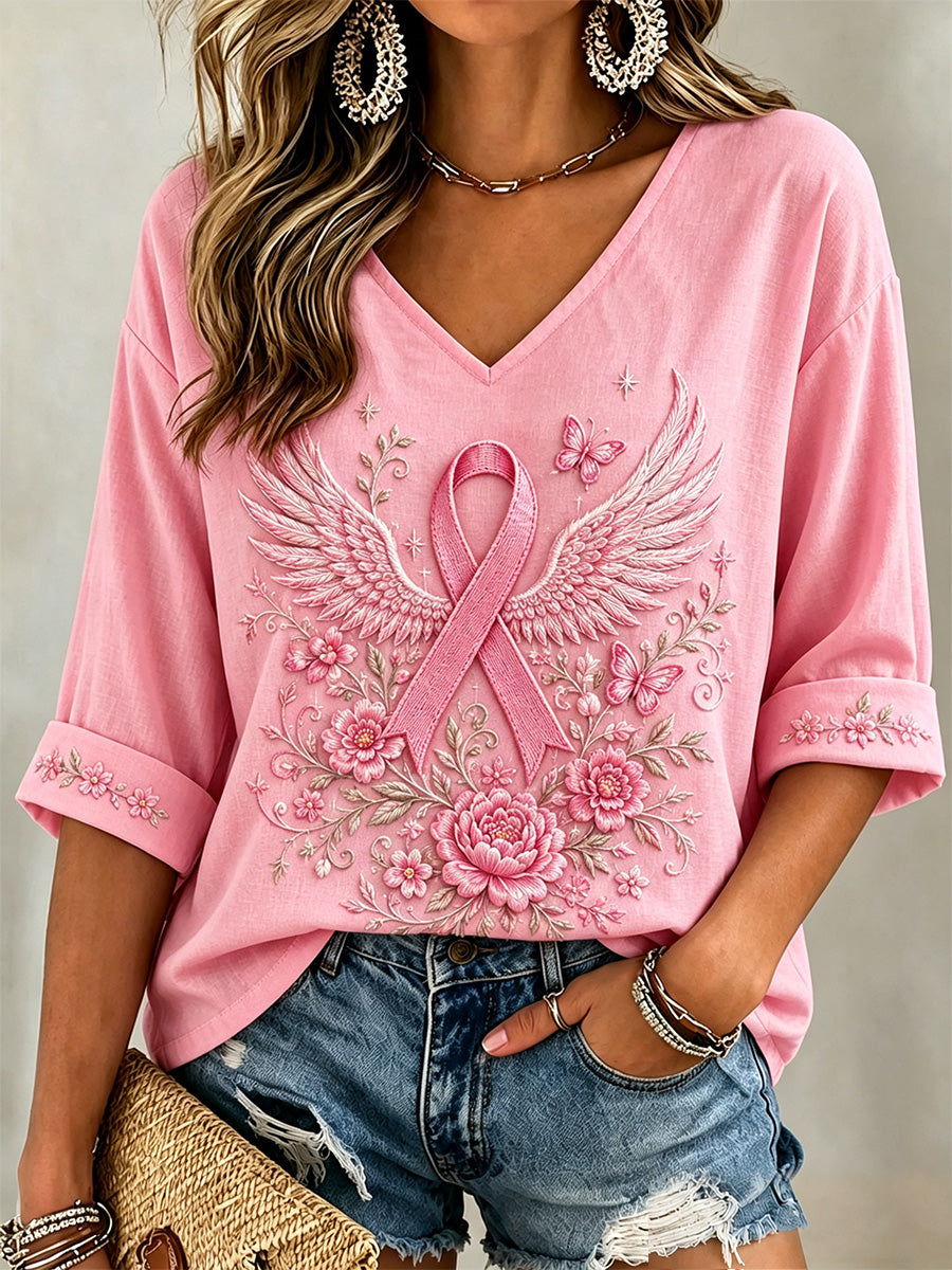 Damen-T-Shirt in Pink mit Blumenmuster, Unterstützung zur Brustkrebsaufklärung, halbe Ärmel und V-Ausschnitt