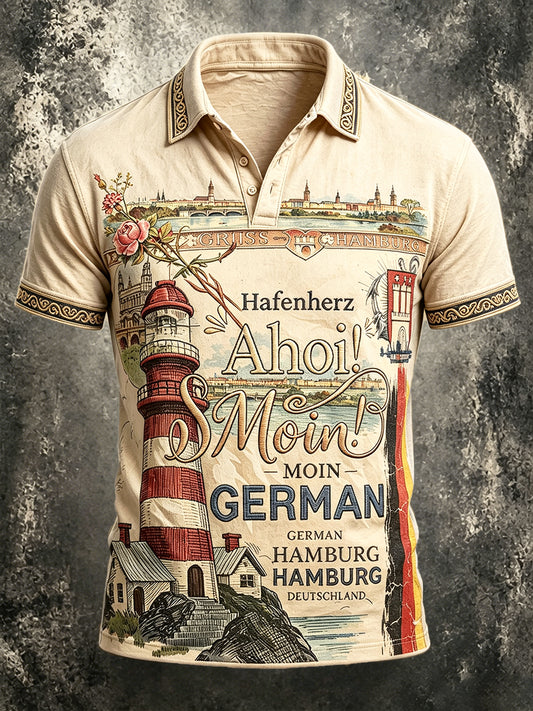 Herren-Poloshirt im deutschen Stil, lässig bedruckt, von Hamburg inspiriert