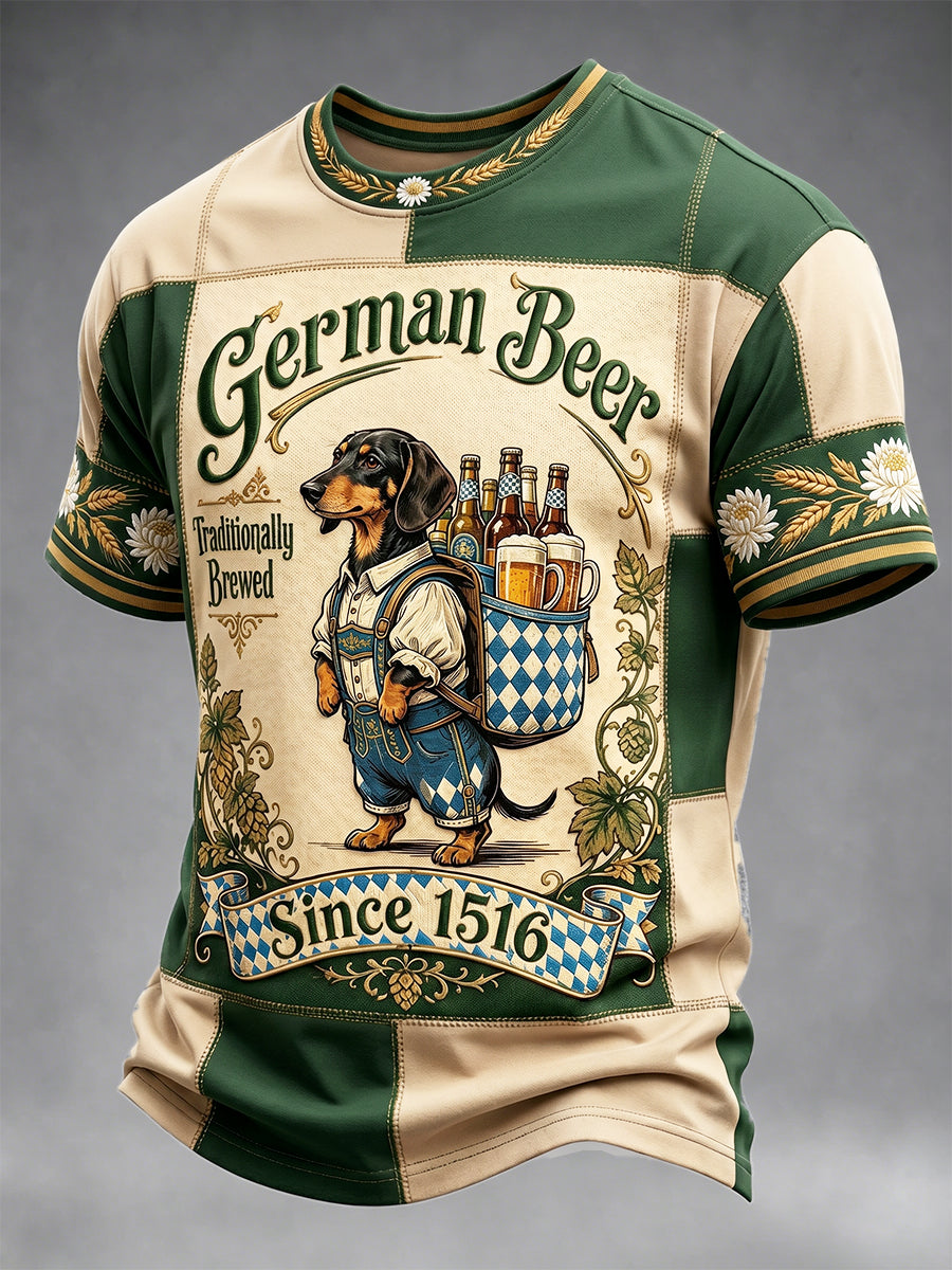 Herren-Blaues Oktoberfest-Dackel-Retro-Patchwork-Print-Lässiges T-Shirt