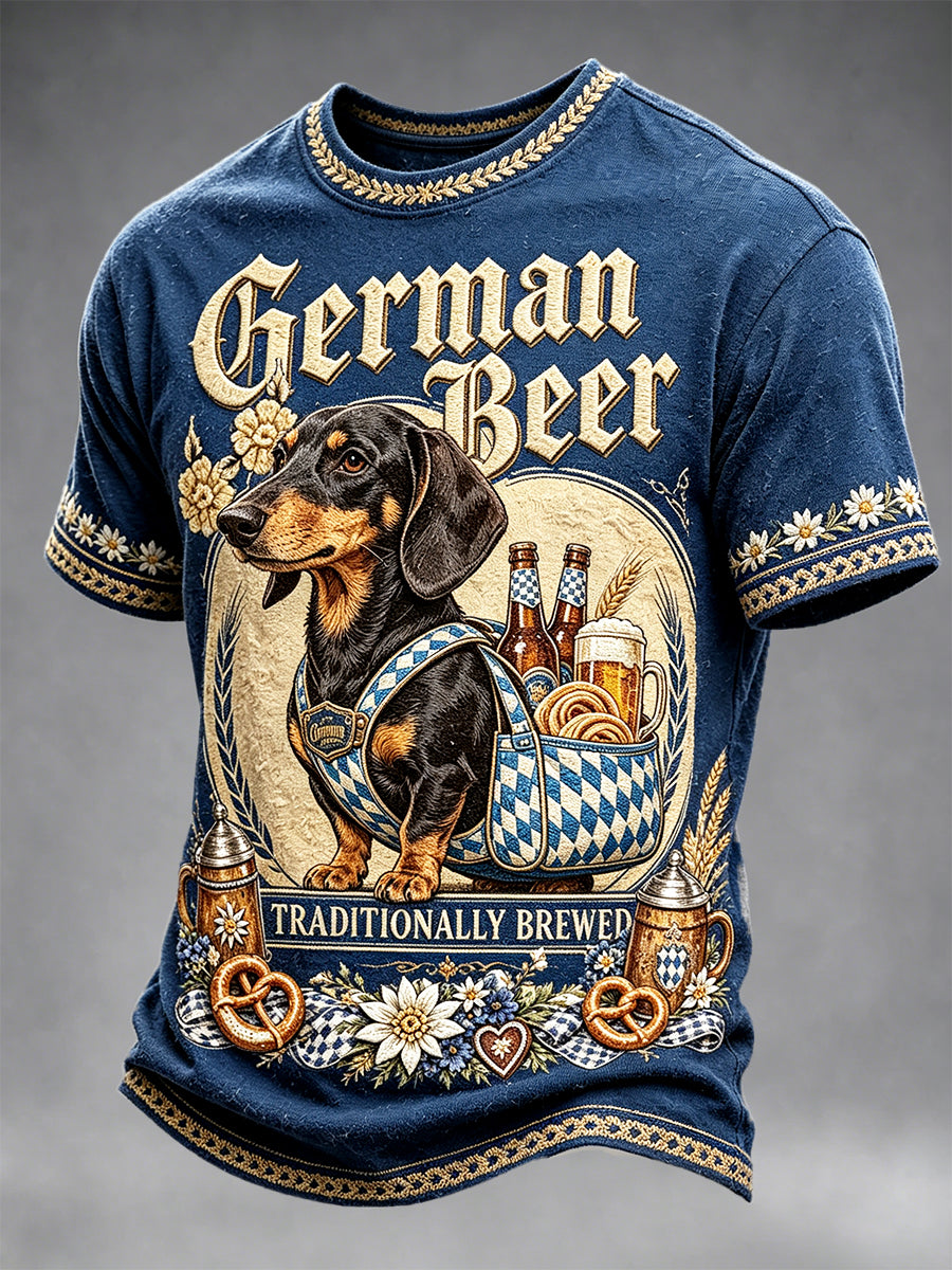 Dunkelblaues, lässiges Herren-T-Shirt im Oktoberfest-Stil mit Dackel-Patchwork-Print