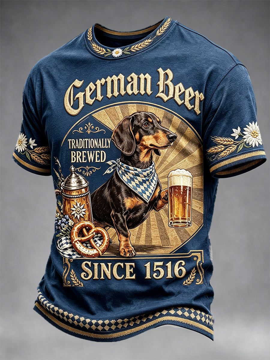 Herren-T-Shirt in Dunkelblau, deutsches Oktoberfest, Dackel-Retro-Print, lässig
