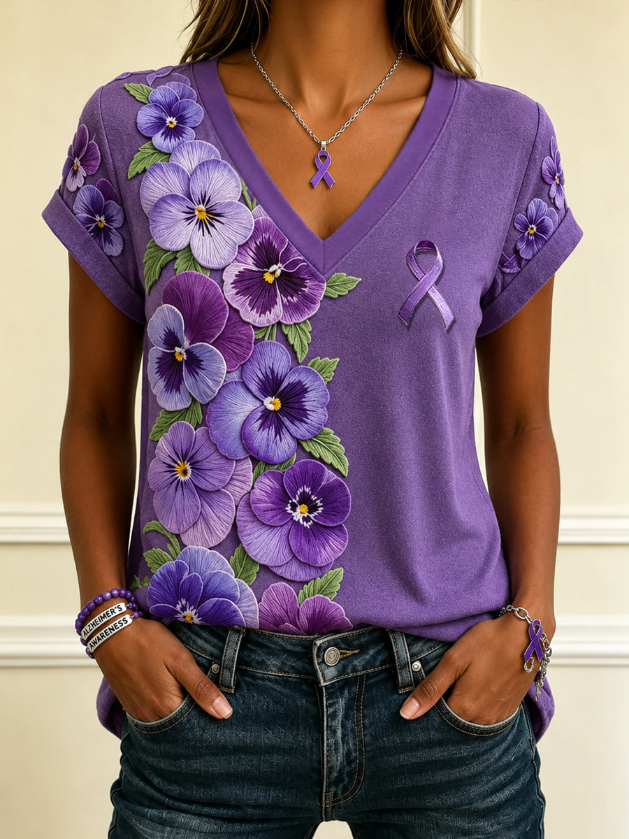 Frauen Lila Band Blumen druck Alzheimer-Bewusstseins unterstützung V-Ausschnitt T-Shirt