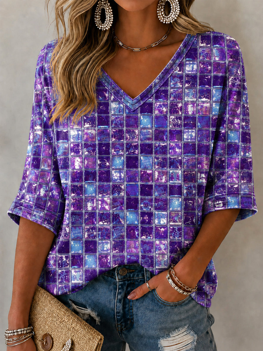 Damen-Lila-Kunstdruck T-Shirt mit V-Ausschnitt und mittellangen Ärmeln zum Thema Alzheimer-Aufklärung