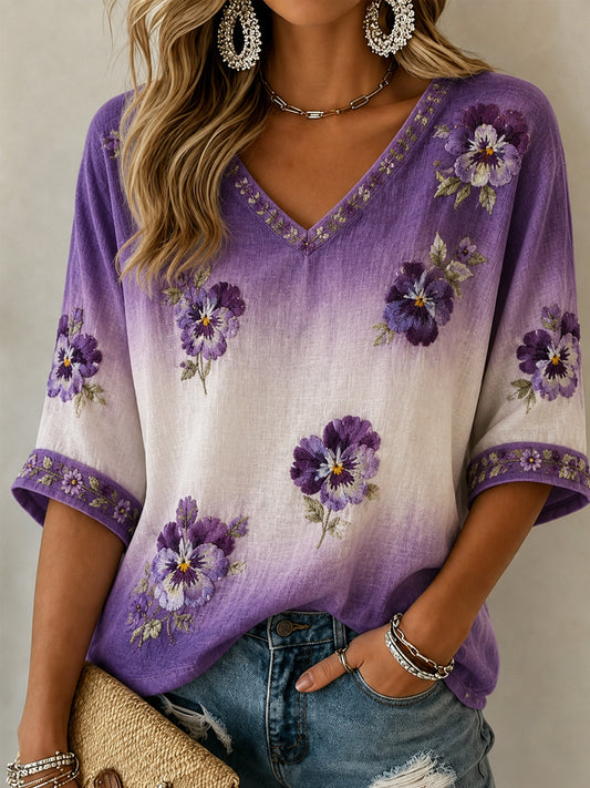 Damen-Linon-Hemd mit violetter Blumenkunst-Print, zur Sensibilisierung für Alzheimer, mit V-Ausschnitt