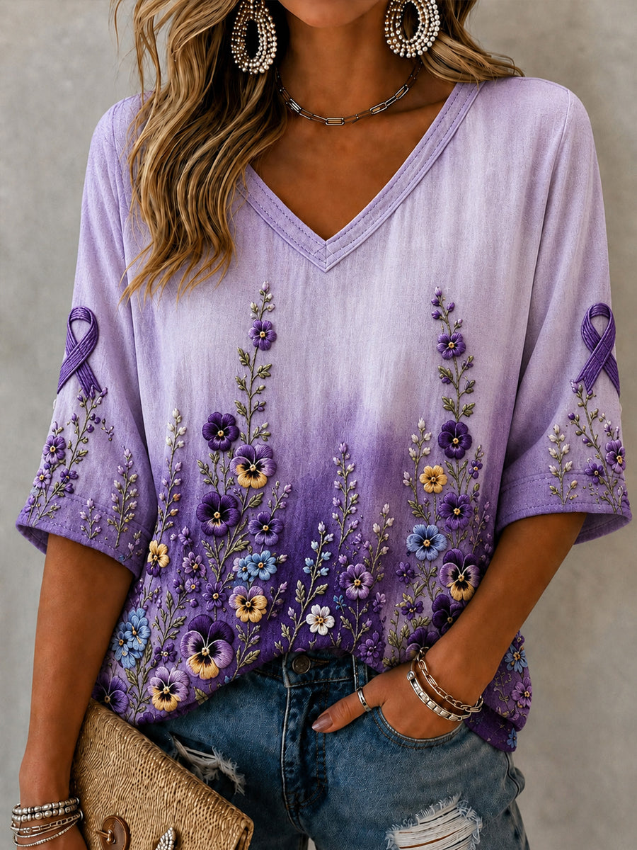 Damen-Linon-Hemd mit violetter Blumenkunst-Print, zur Sensibilisierung für Alzheimer, mit V-Ausschnitt