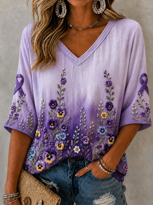 Damen-Linon-Hemd mit violetter Blumenkunst-Print, zur Sensibilisierung für Alzheimer, mit V-Ausschnitt