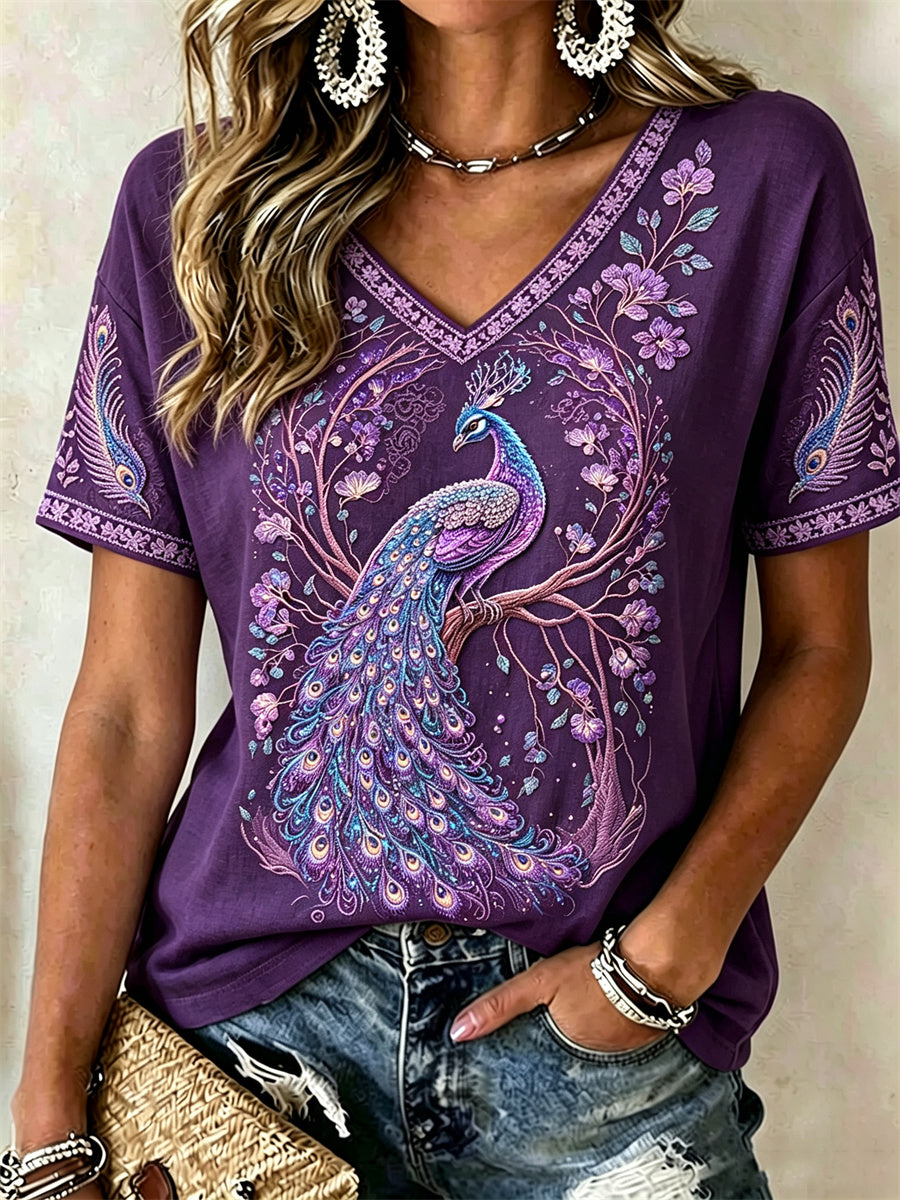 Damen-Edel-Lila-Pfau-Blumen-Glitzerdruck-T-Shirt mit kurzen Ärmeln