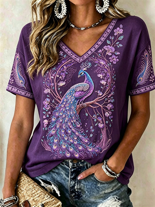 Damen-Edel-Lila-Pfau-Blumen-Glitzerdruck-T-Shirt mit kurzen Ärmeln