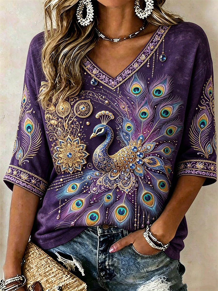 Damen-T-Shirt mit klassischem lila-rosa Pfauenblumen-Glitzerdruck, mittellangen Ärmeln und V-Ausschnitt