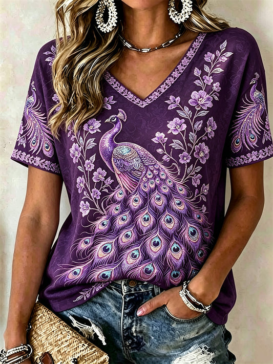 Damen-Edel-Lila-Pfau-Blumen-Glitzerdruck-T-Shirt mit kurzen Ärmeln