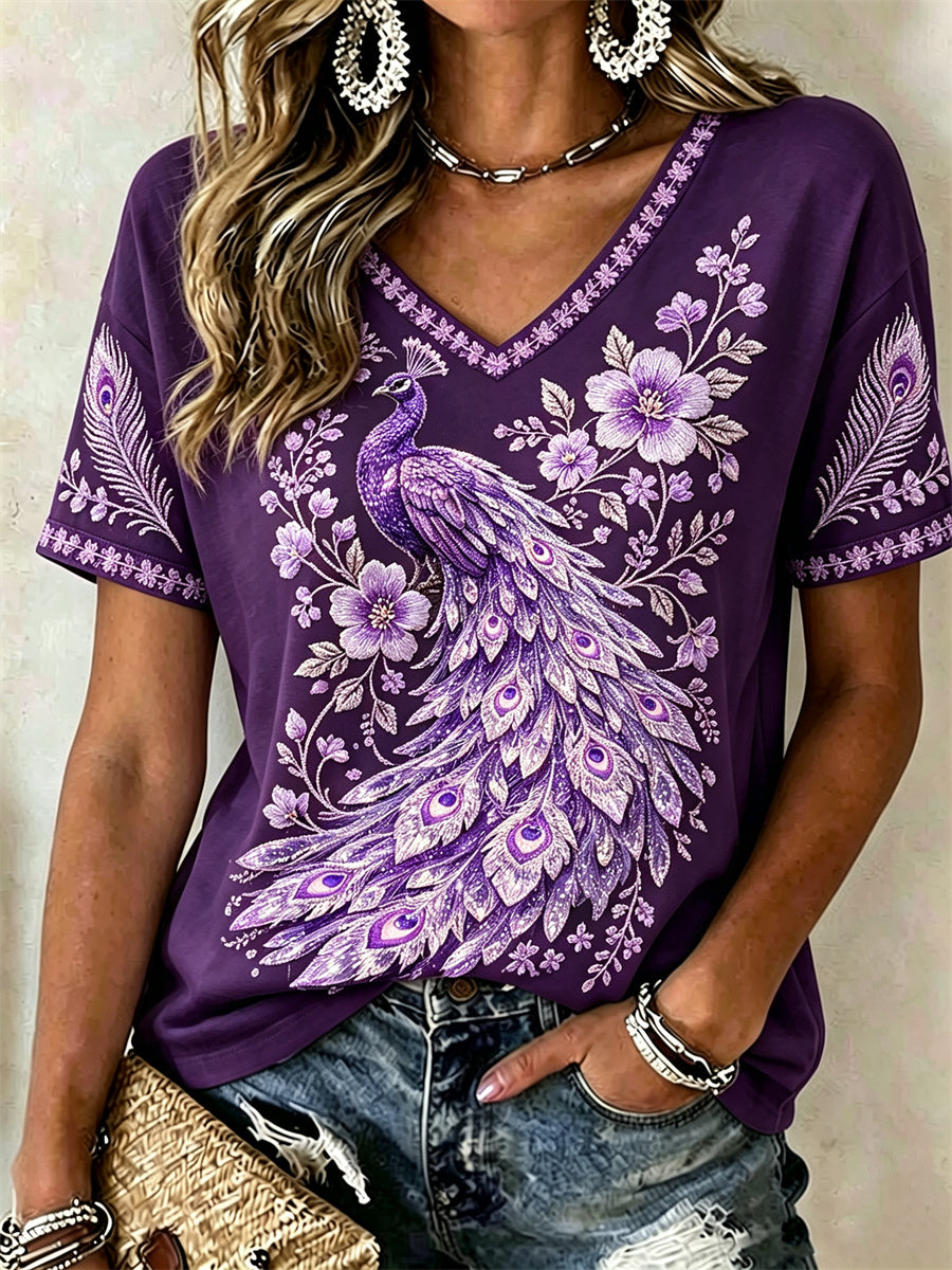 Damen-Edel-Lila-Pfau-Blumen-Glitzerdruck-T-Shirt mit kurzen Ärmeln
