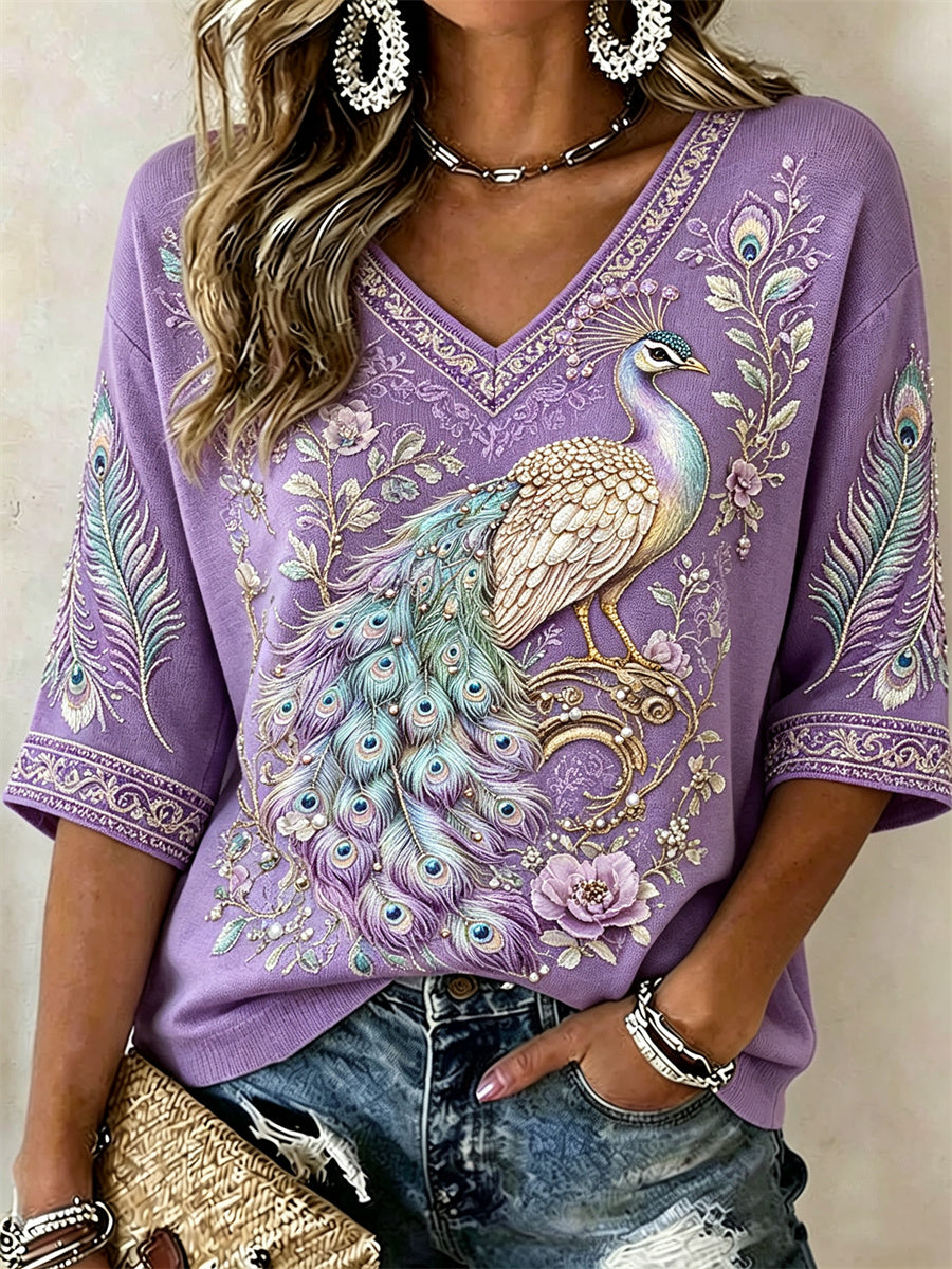Damen-T-Shirt mit klassischem lila-rosa Pfauenblumen-Glitzerdruck, mittellangen Ärmeln und V-Ausschnitt