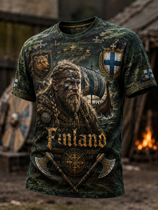 Herren-T-Shirt mit Kunstdruck und patriotischen Elementen der finnischen Wikingerkultur