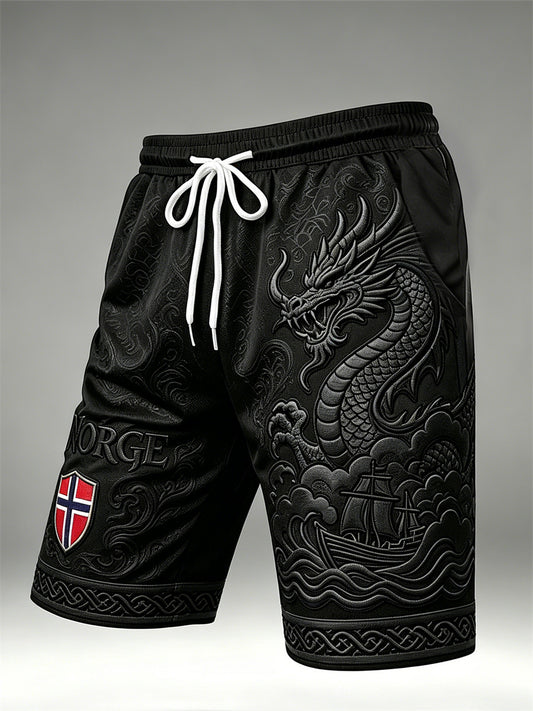 Herren Norwegen Viking Dragon & Schiff Keltische Knoten Flagge Druck Kordel zug Shorts