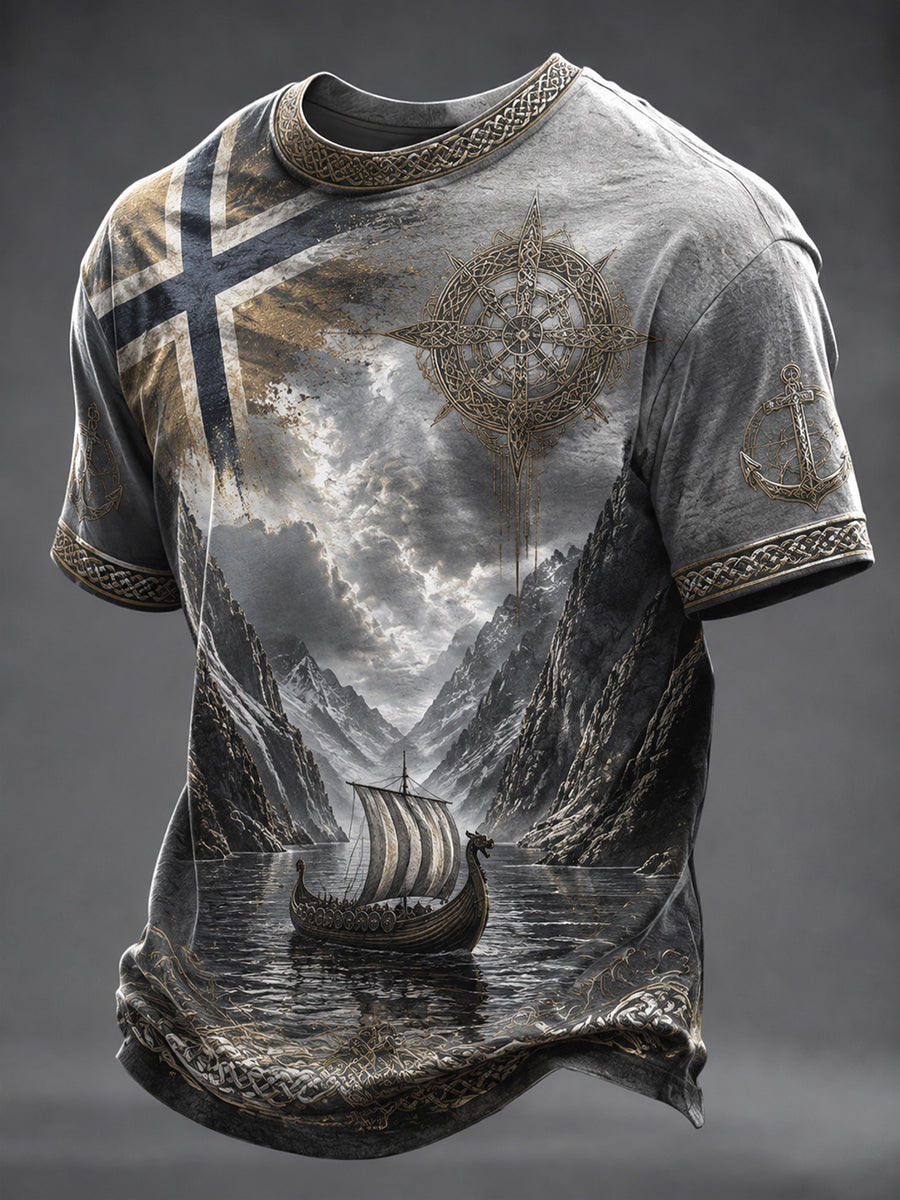 Herren-T-Shirt mit norwegischem Fjord- und Wikinger-Motiv