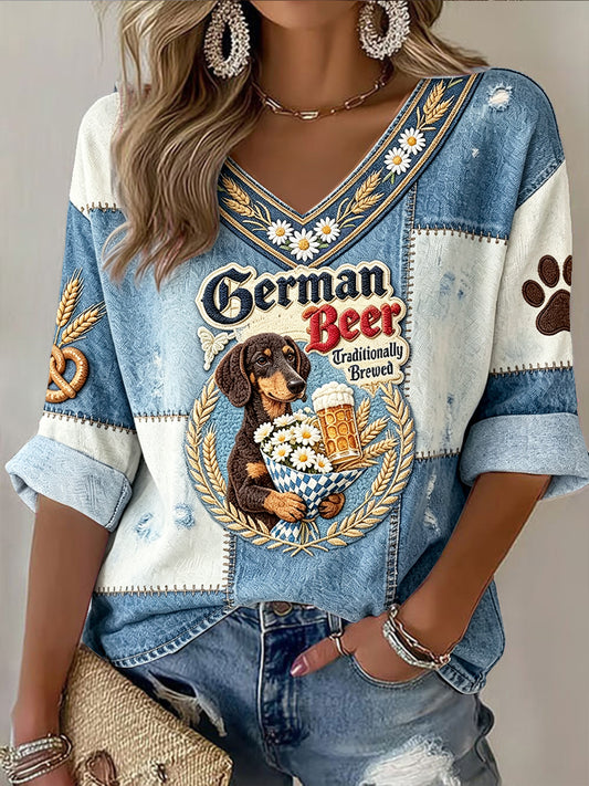 Damen deutsches Oktoberfest Hunde-Print Denim-Effekt lässig V-Ausschnitt T-Shirt