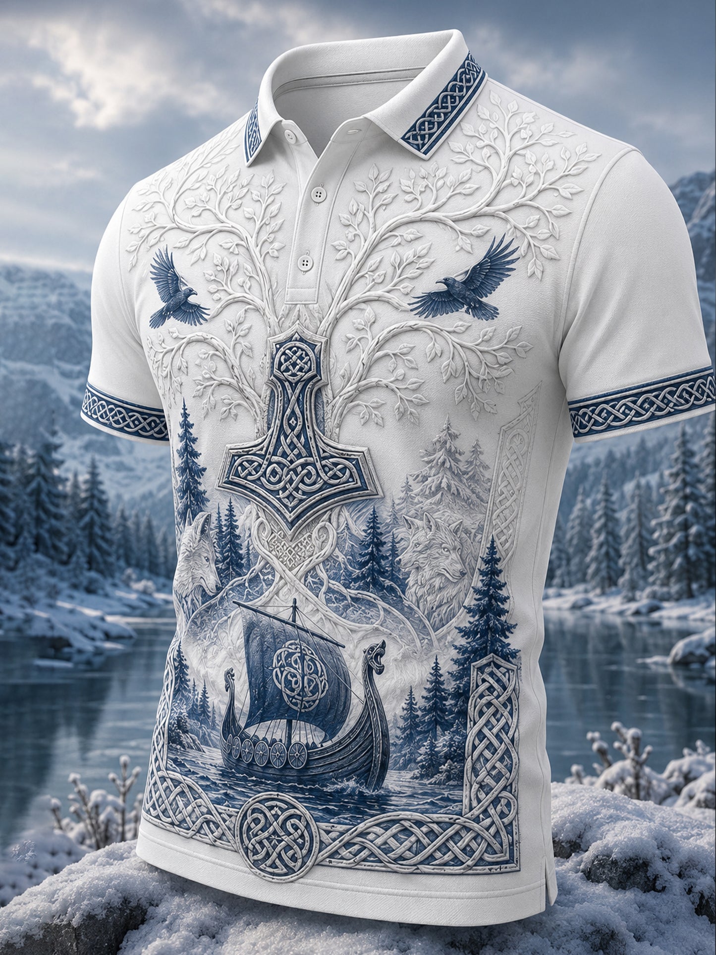 Finnisches Herren-Polos hirt im Viking-Stil im patriotischen Kunstdruck