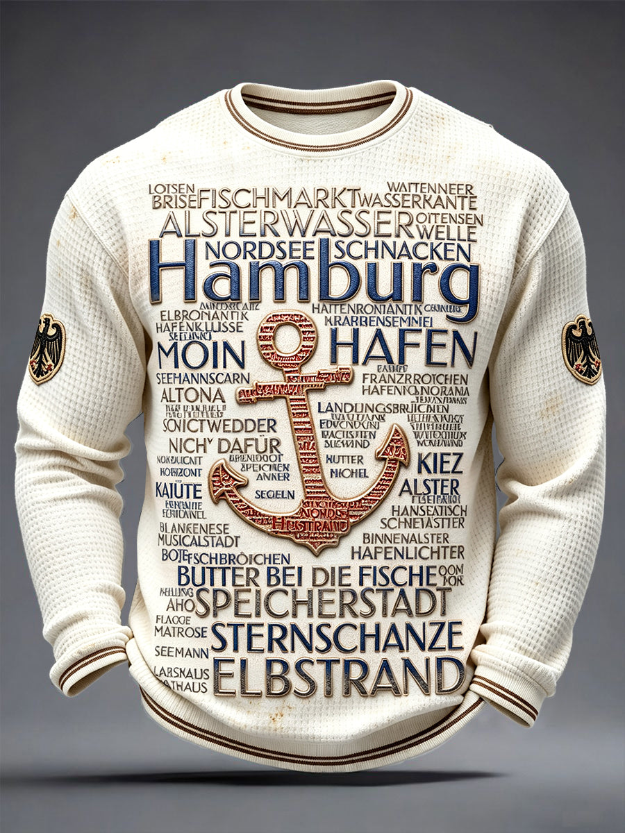 Herren Retro Off-White Deutsch Hamburg Schriftzug Print lässig Langarm T-Shirt