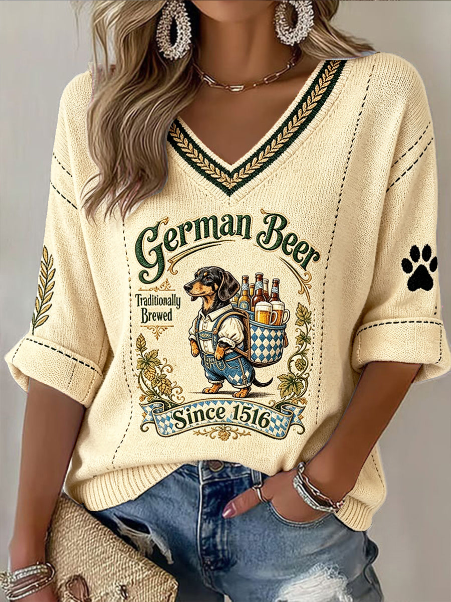 Frauen gelb deutsches Oktoberfest niedliches Hunde muster lässiges T-Shirt mit V-Ausschnitt