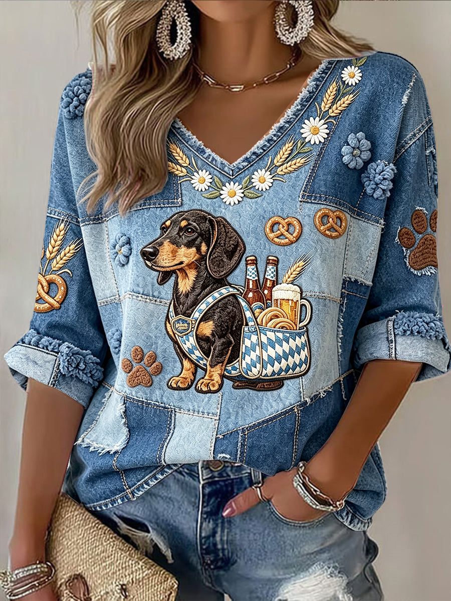 Frauen Deutsches Bierfest Niedliches Hunde druck Patchwork Freizeit T-Shirt mit V-Ausschnitt