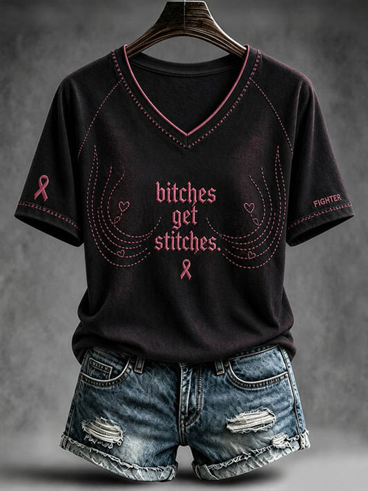 Frauen Hündinnen bekommen Stiche V-Ausschnitt schulter freies T-Shirt