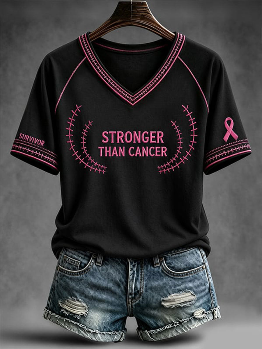 Kurzärmliges T-Shirt mit V-Ausschnitt, schulter frei, Frauen stärker als Krebs