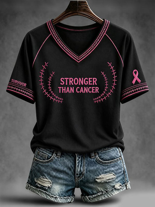 Kurzärmliges T-Shirt mit V-Ausschnitt, schulter frei, Frauen stärker als Krebs