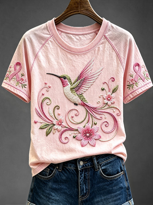 Damen-Kolibri-Rundhals-T-Shirt mit Blumenmuster, rosa, Rundhals ausschnitt