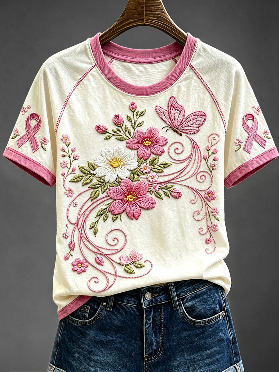 Damen-Kurzarm-T-Shirt mit Blumen schmetterling, rosa Band druck, Rundhals ausschnitt