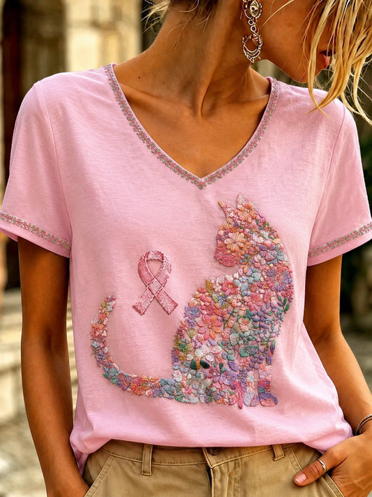 Damen-T-Shirt mit V-Ausschnitt und pinkfarbenem Kunstdruck zum Thema Brustkrebs