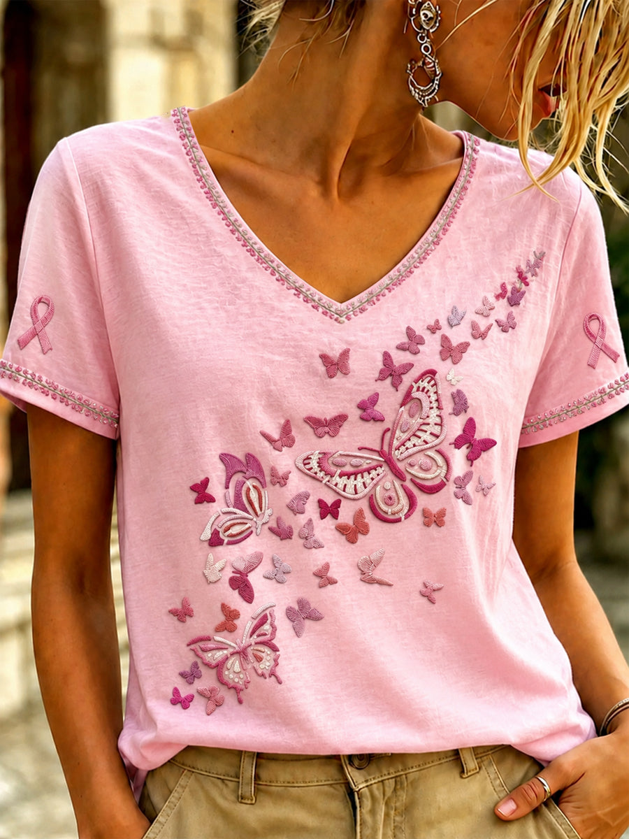 Damen-T-Shirt mit V-Ausschnitt und pinkfarbenem Kunstdruck zum Thema Brustkrebs