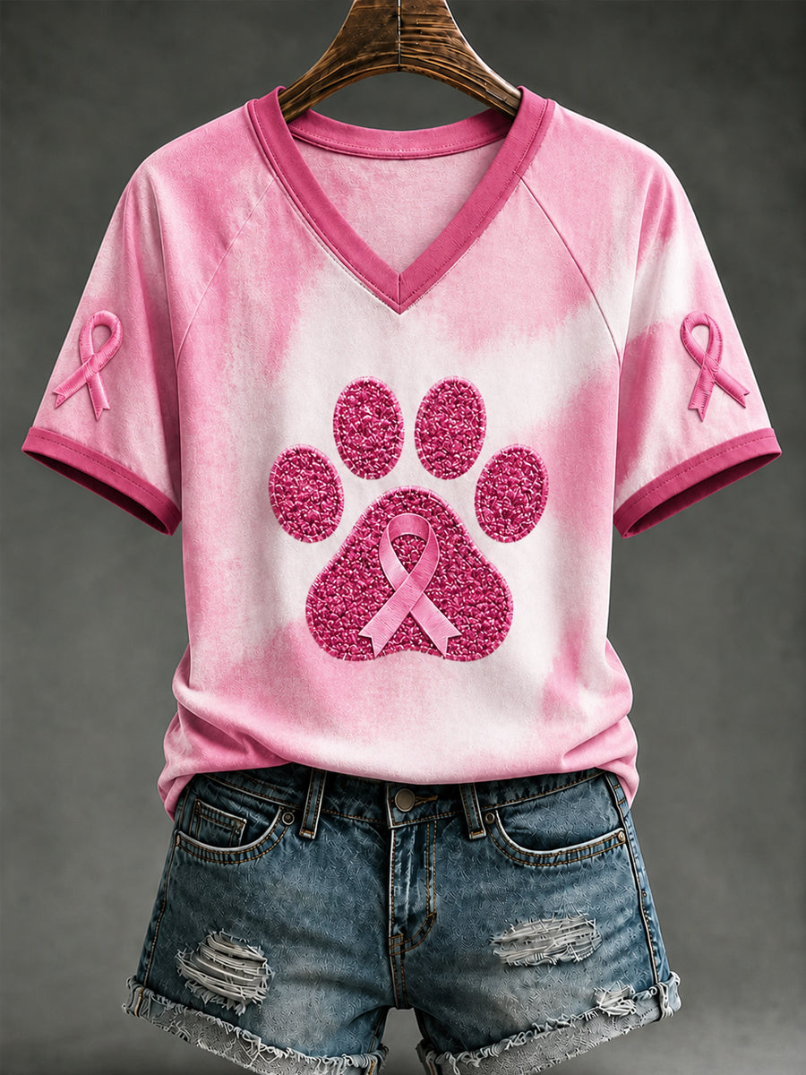 Damen-T-Shirt mit V-Ausschnitt und schulterfreiem Design sowie kurzen Ärmeln zur Unterstützung der Brustkrebsaufklärung