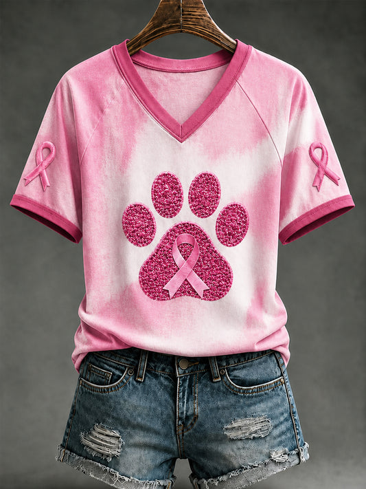 Damen-T-Shirt mit V-Ausschnitt und schulterfreiem Design sowie kurzen Ärmeln zur Unterstützung der Brustkrebsaufklärung
